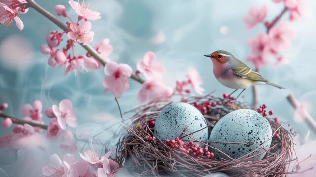 Easter basket with colored eggs with pink tree flowers over light background