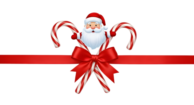 Santa claus with candy canes and red ribbon isolated on transparent background