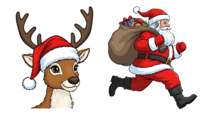 Santa claus and reindeer christmas characters isolated on transparent background