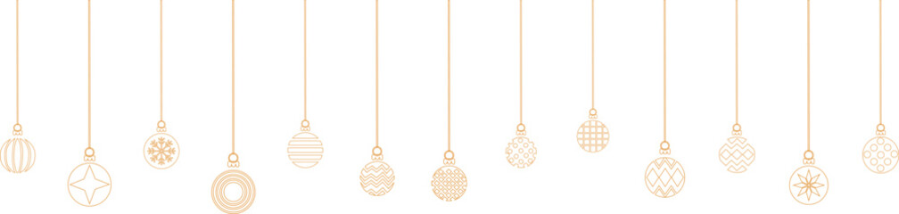 Golden hanging christmas ornaments festive line art vector,Christmas line art gold ball decorations design,Holidays border