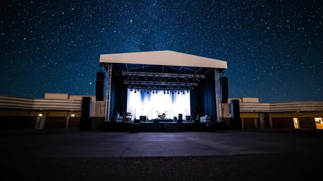 Night scene of an outdoor stage with starry sky and bright light