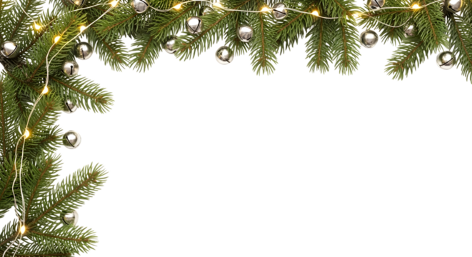 Christmas tree branches with lights and ornaments isolated on transparent background