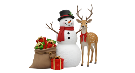 Christmas snowman with reindeer and gifts isolated on transparent background