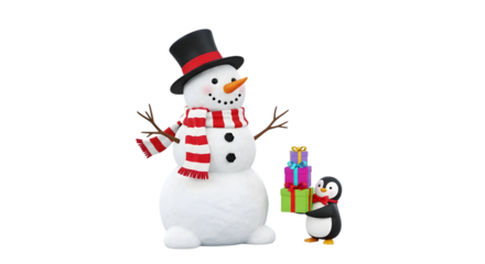 Inflatable snowman with penguin and gifts isolated on transparent background