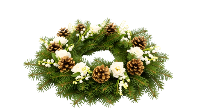 Christmas wreath with pine cones and white flowers isolated on transparent background