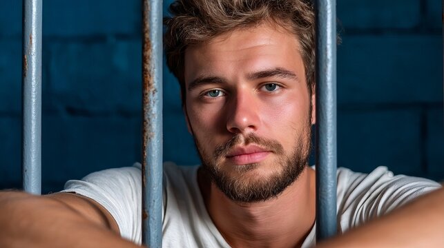 A young Caucasian man with a beard gazing pensively through prison bars, reflecting a mood of confinement and introspection.
