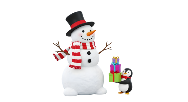 Inflatable snowman with penguin and gifts isolated on transparent background