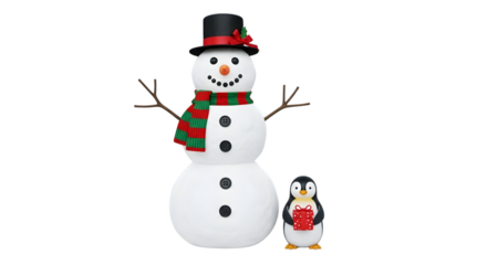 Large inflatable snowman with small penguin isolated on transparent background