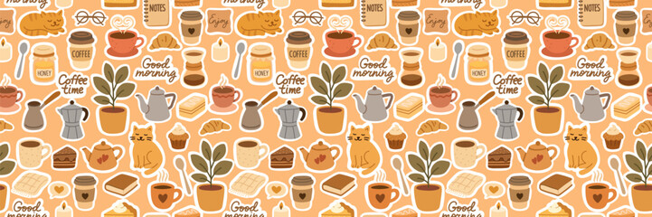 Cozy coffee morning pattern.Cute cats, coffee cups