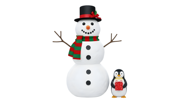 Large inflatable snowman with small penguin isolated on transparent background
