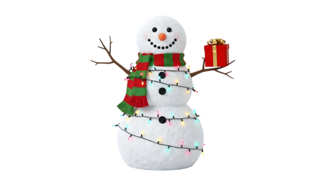 Christmas snowman with gift and lights isolated on transparent background