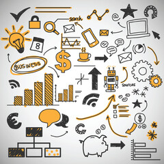 Collection of hand drawn business and office icons for presentations and design