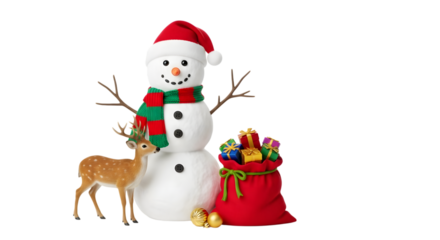Inflatable christmas snowman with deer and gifts isolated on transparent background