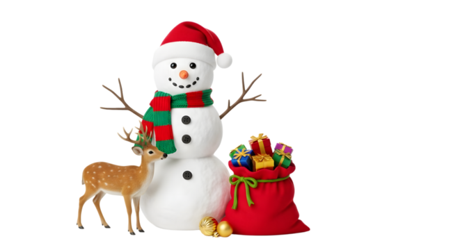 Inflatable christmas snowman with deer and gifts isolated on transparent background
