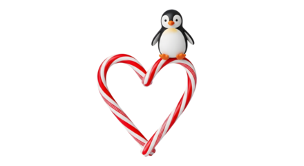 Cute penguin toy on heart shaped candy canes isolated on transparent background
