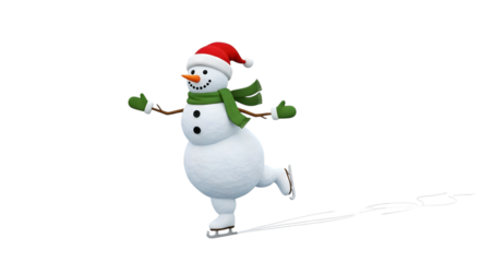 Happy snowman ice skating wearing santa hat isolated on transparent background
