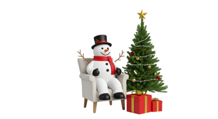 Snowman sitting on chair next to christmas tree isolated on transparent background