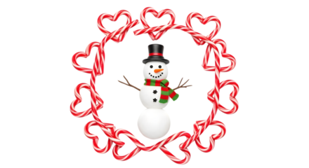 Snowman surrounded by candy cane hearts isolated on transparent background
