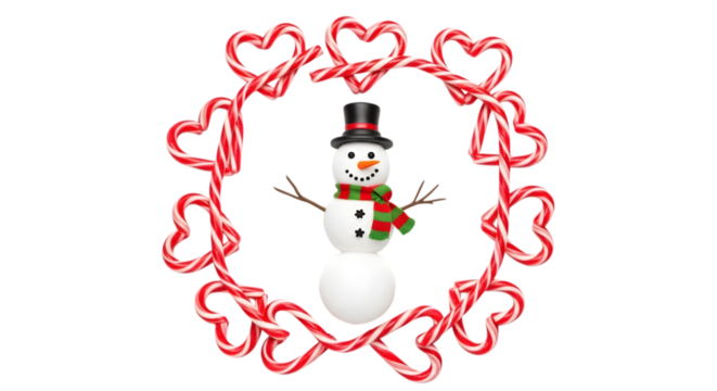 Snowman surrounded by candy cane hearts isolated on transparent background - Powered by Adobe