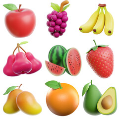 3D Rendered Fruit Icon Set Stylized Modern Healthy Food Collection Set