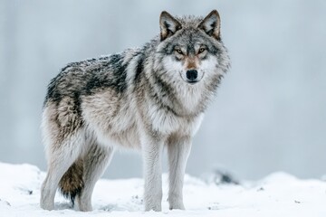 Fototapeta premium Wolf standing in snowy landscape under cold tone lighting