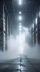 Fototapeta premium Foggy Warehouse Interior with Dramatic Lighting and Industrial Aesthetic