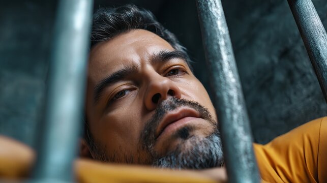 A pensive Hispanic man with a beard gazes through prison bars, conveying a sense of longing and introspection.