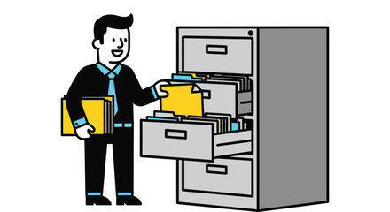Organized businessman filing documents in a cabinet with a smile