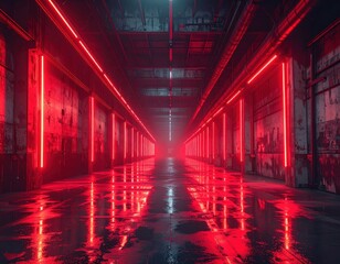 Futuristic Industrial Hallway with Red Neon Lights and Reflections