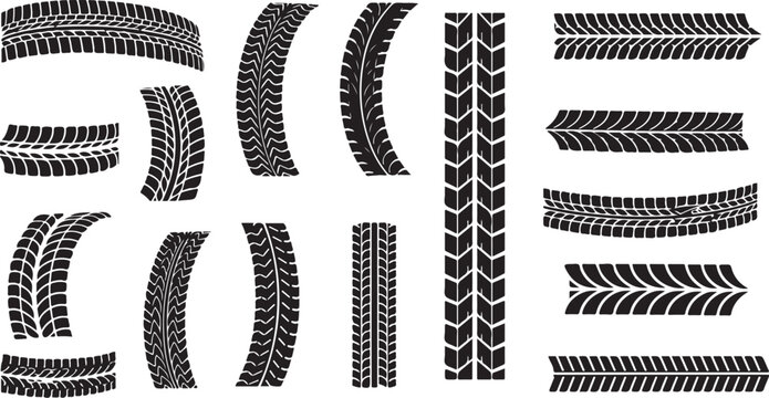 Set of Various Tire Tracks Isolated on White Background for Design, Vector Illustration. Car Tyre Marks, Trail Patterns