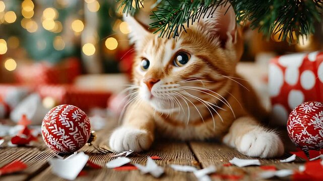 Playful ginger kitten hunting under a Christmas tree surrounded by broken red ornaments and wrapping paper pieces on a wooden floor. Funny festive mischief concept