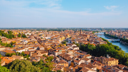 an aerial view of Verona with two bell towers