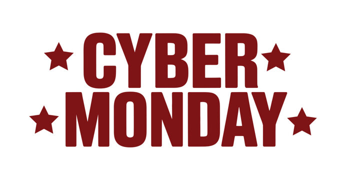 Cyber Monday bold dark red text with star accents on white background, promotional design for ecommerce sales, deals, and digital marketing