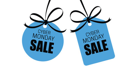 Cyber Monday sale tags with black ribbon bows — elegant blue circular and rectangular labels for ecommerce, discount, and festive promotion