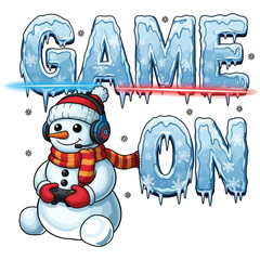 Cute snowman character wearing a headset and playing a video game with icy "game on" typography.
