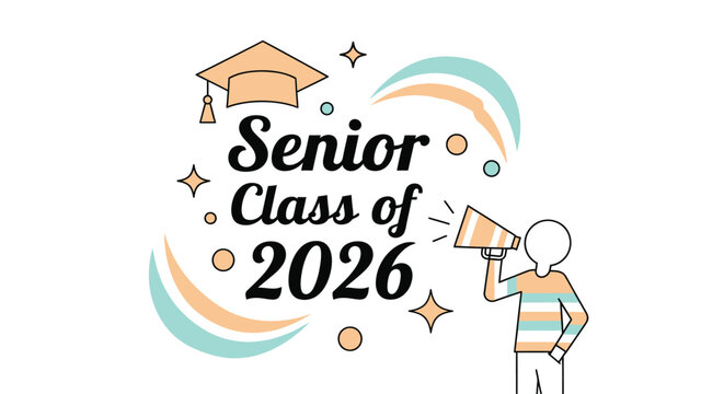 Excited graduate celebrates future achievements with a megaphone and graduation cap