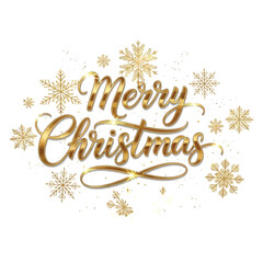 Elegant golden "Merry Christmas" script typography surrounded by shimmering gold snowflakes and sparkles.
