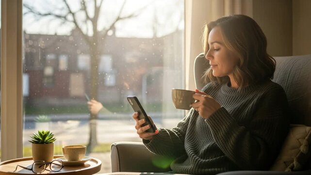 Woman using smartphone and drinking coffee while sitting by the window at home - Powered by Adobe