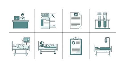 Healthcare icons depicting medical care, patient treatment, and laboratory research for health services