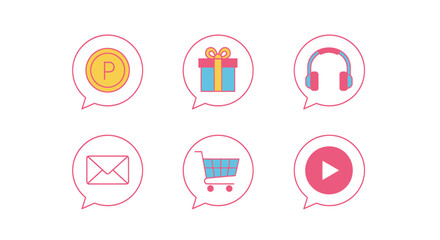 Collection of modern icons representing online shopping, gifts, and communication.
