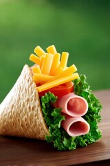 A delicious wrap filled with ham, cheese, lettuce, and tomato is presented on a wooden surface, with a soft green background.