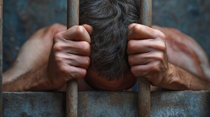 A distressed Caucasian male grips prison bars, conveying a sense of despair and confinement.