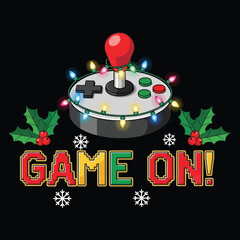 Festive arcade joystick wrapped in colorful Christmas lights with "game on" pixel typography and holly leaves illustration.