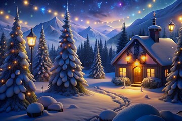 Cozy snow covered cabin lit by christmas lights in a winter forest