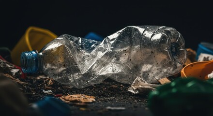 A dirty, crumpled plastic bottle lying among trash and debris, symbolizing environmental waste and pollution issues globally and the need for recycling, contamination, material, sustainability