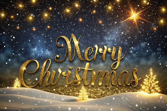 Golden merry christmas text with festive lights and snow