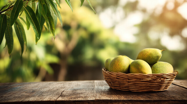 Rattan basket mango fruit harvest on rustic wood table under green leaf shade, tropical orchard morning light, fresh aroma calm mood