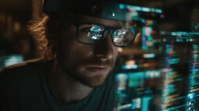 Man With Smart Glasses Engaged in Exploring a Virtual Workspace at Night - Powered by Adobe