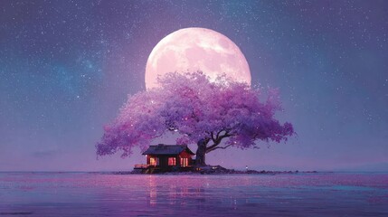 A serene island dwelling under a magnificent, pink moon, framed by a blossoming, magical tree.