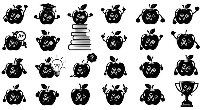 Set of A plus grade apple characters for education and success, featuring apples with graduation hats, books, ideas, and trophy awards